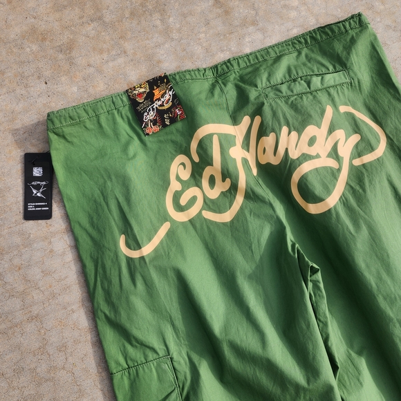 NWT Ed Hardy Cotton Peacock Poplin Wide Leg Army Green Cargo Pant Women's L - Picture 3 of 10